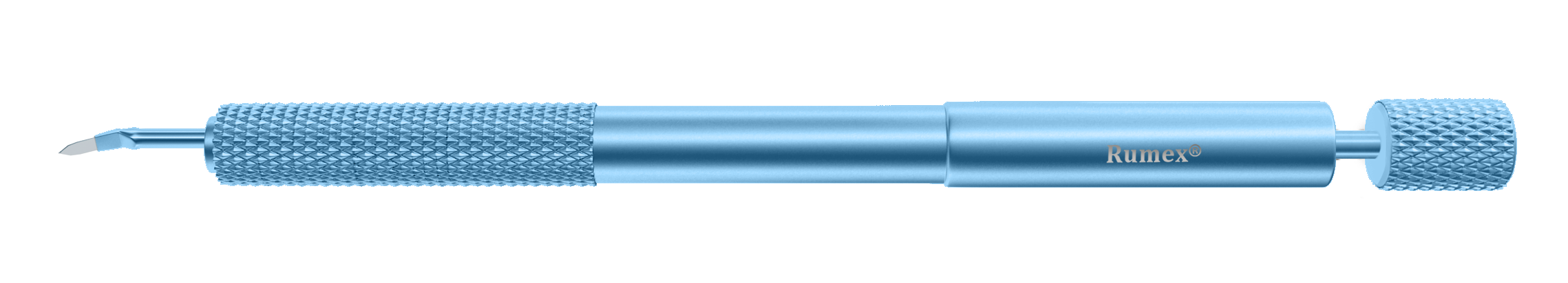 Angled view of phaco diamond knife showing titanium handle and clear cornea blade