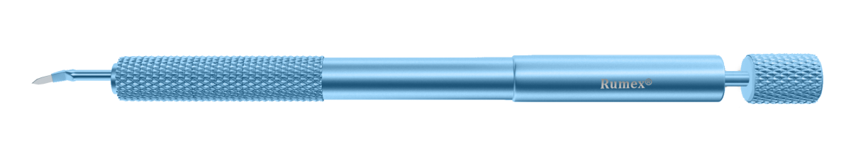 Angle view of the Precision Diamond Phaco Knife showcasing its sharp blade and titanium handle.