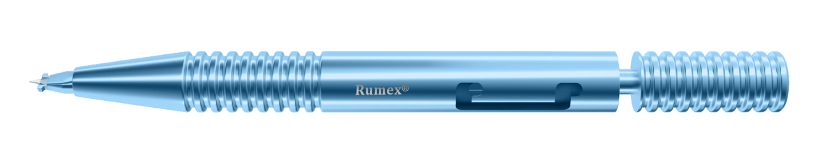 Close-up of RUMEX 119R diamond knife with short titanium handle for slit lamp surgeries