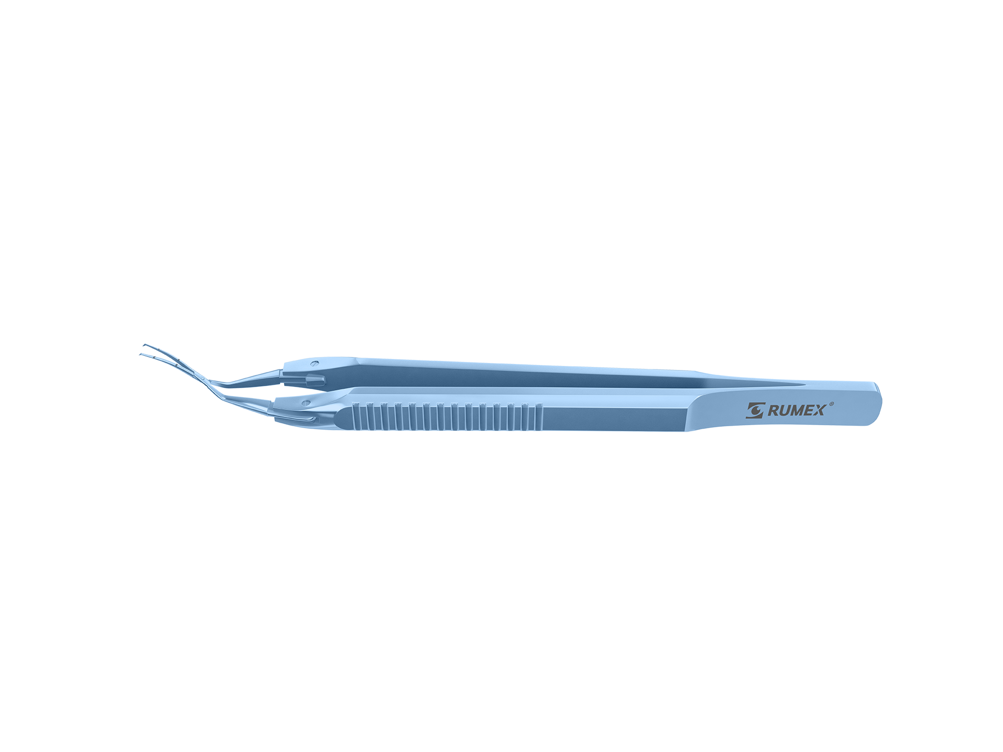 Side view of curved capsulorhexis forceps showing tungsten-coated tips and ergonomic titanium handle