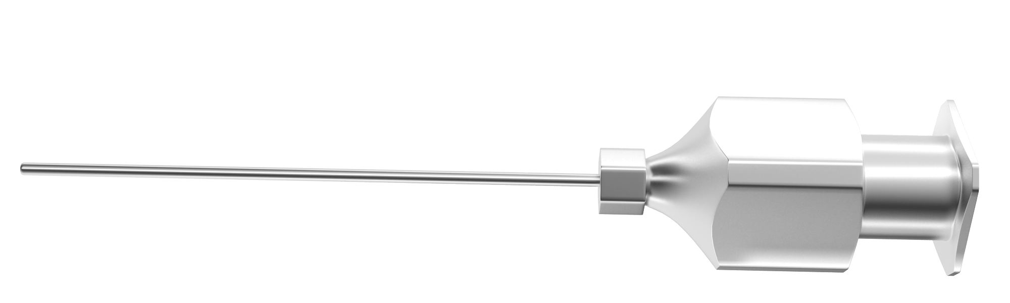 Close-up of the precision irrigating cannula showing the straight blunt tip for effective irrigation.