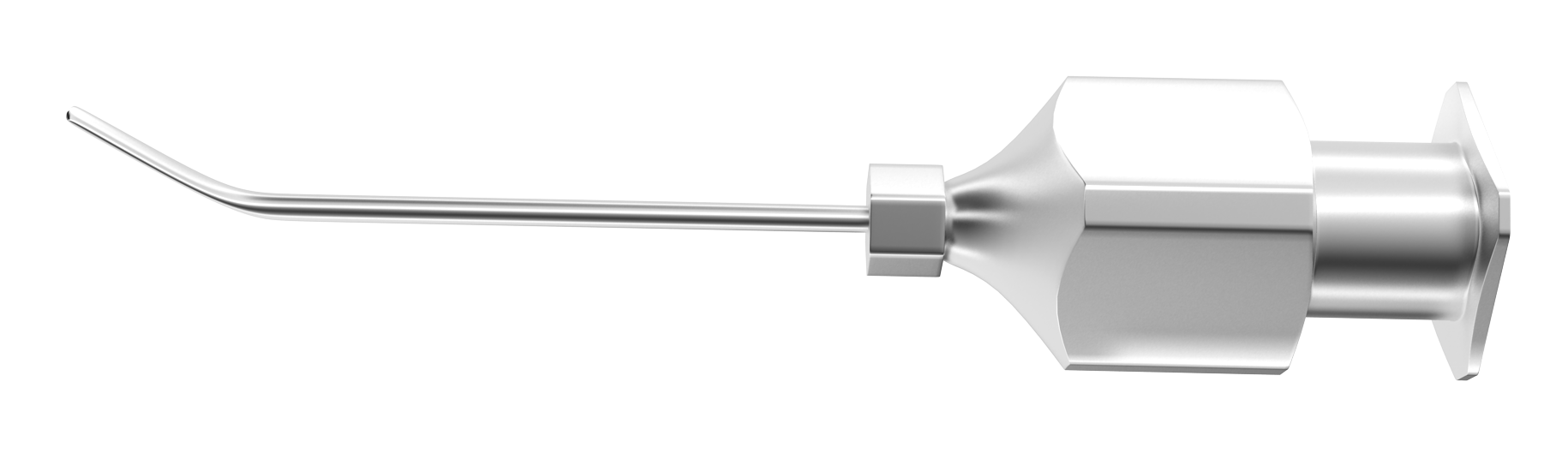 Viscoelastic injection cannula in use during eye surgery, showing angled tip and sterile design