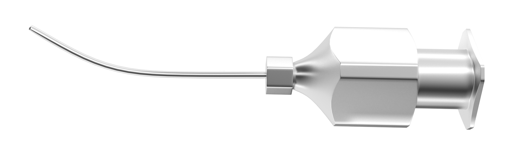 Close-up of the Premium Curved Sub-Tenon's Anesthesia Cannula, showcasing its flattened tip