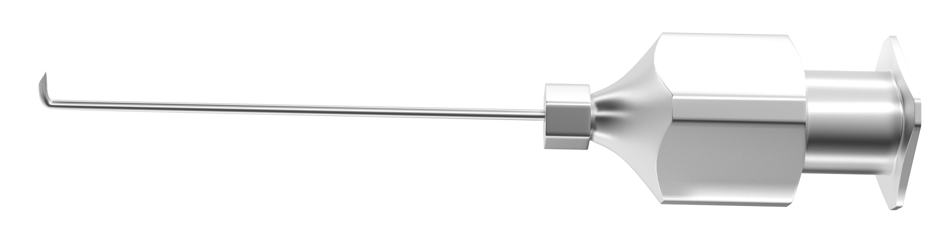 Close-up of ChangFlex™ 27G hydrodissector showing angled flat tip for capsular rim insertion