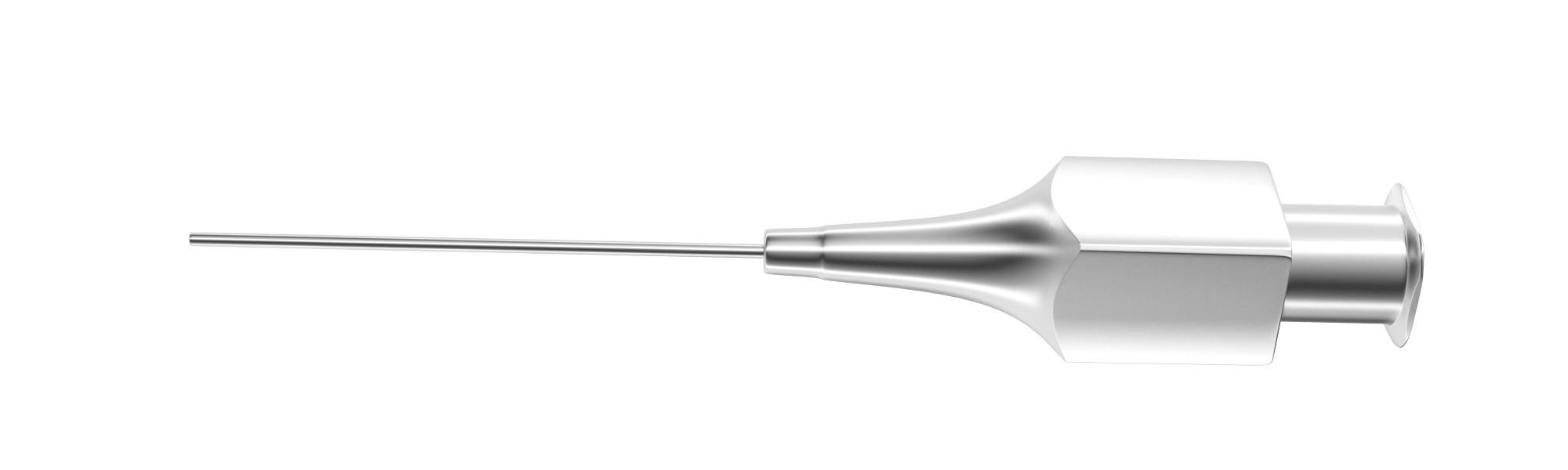 Close-up of a lacrimal cannula for eye surgery, straight design and stainless steel finish