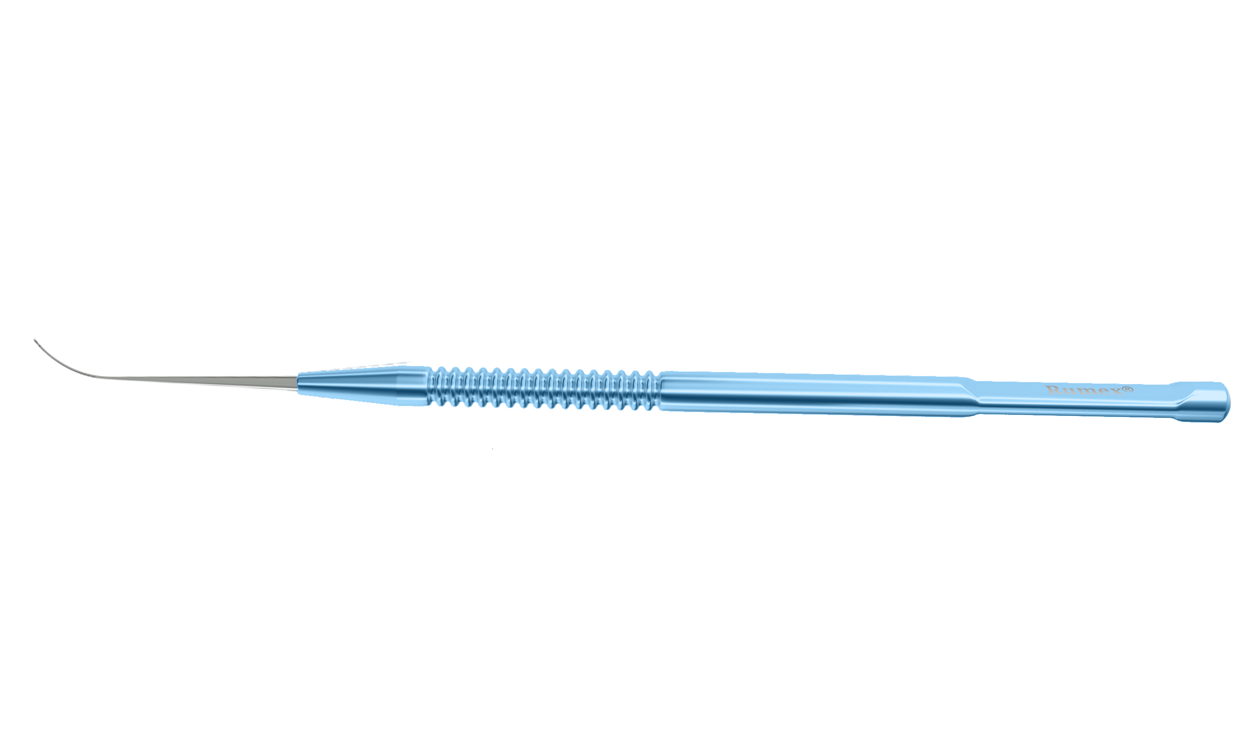Angle view of the curved titanium spatula with notches, showcasing its ergonomic handle.