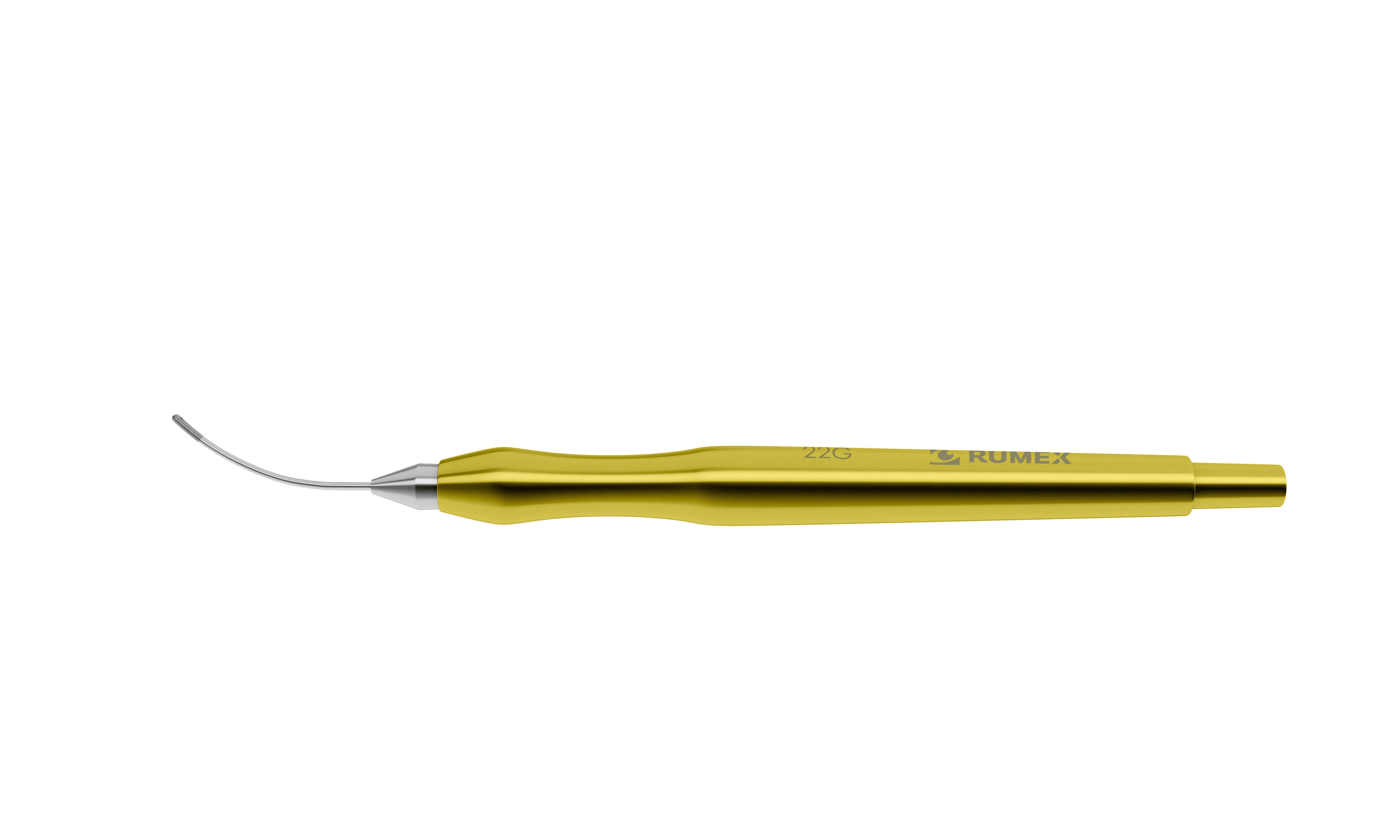 Curved aspiration handpiece designed for cataract surgery, showing top port and connector.