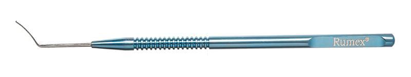 Close-up of Castroviejo cyclodialysis spatula showing titanium handle and blade detail