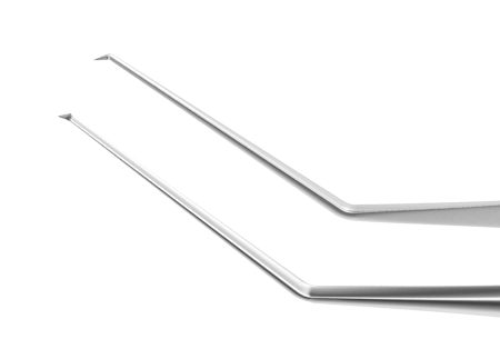 Close-up of Utrata disposable capsulorhexis forceps showing straight cystotome tips for precision surgery