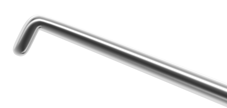Close-up of angled disposable Sinskey hook for ophthalmology