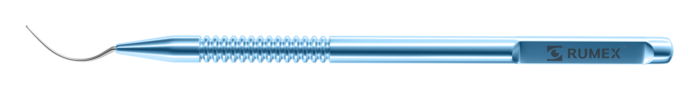 Close-up of DexaVault™ corneal spatula showing vaulted shaft and titanium handle for DMEK procedures