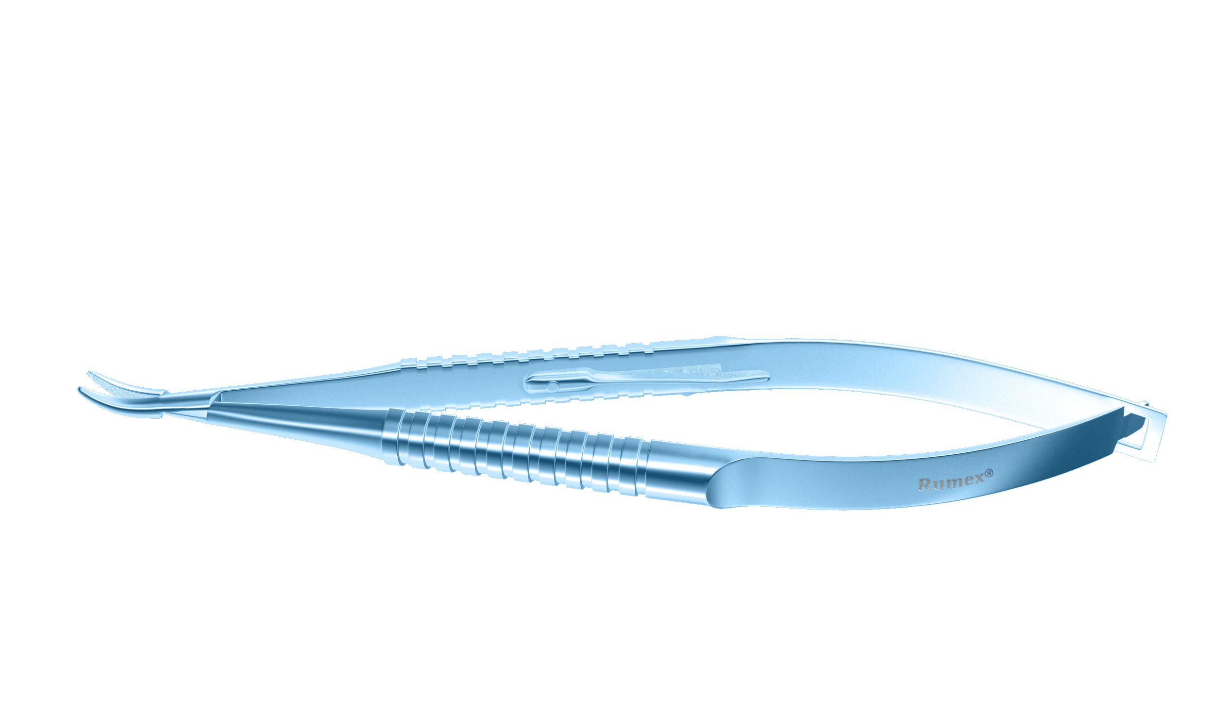 Close-up of the titanium curved needle holder showcasing its tungsten carbide tips and ergonomic design.