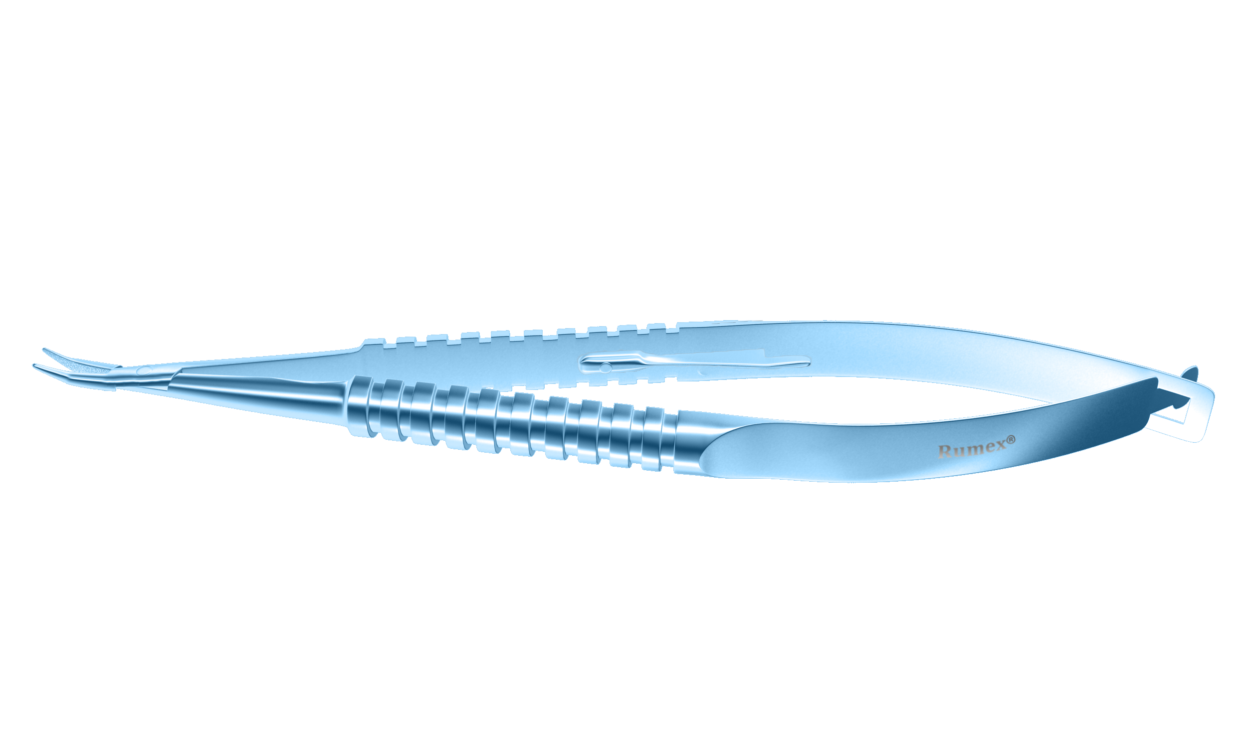 Close-up of titanium Barraquer needle holder showing curved jaws and locking mechanism
