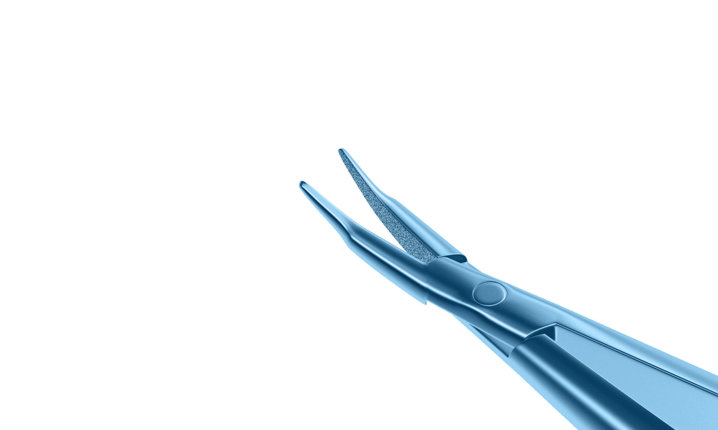 Side view of extra fine curved needle holder for eye surgery placed on sterile tray