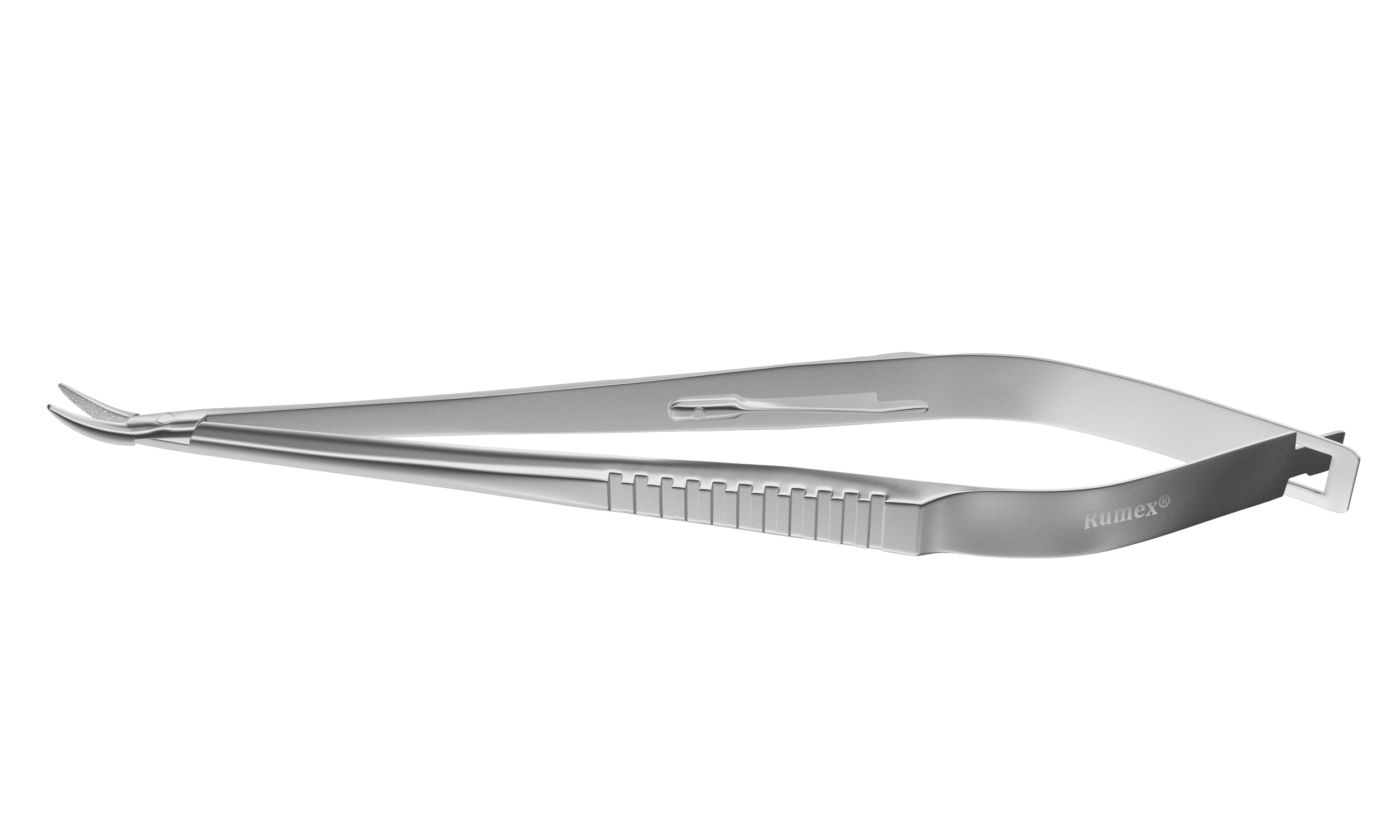 Close-up view of Castroviejo Precision Needle Holder showing tungsten carbide tips for enhanced gripping.