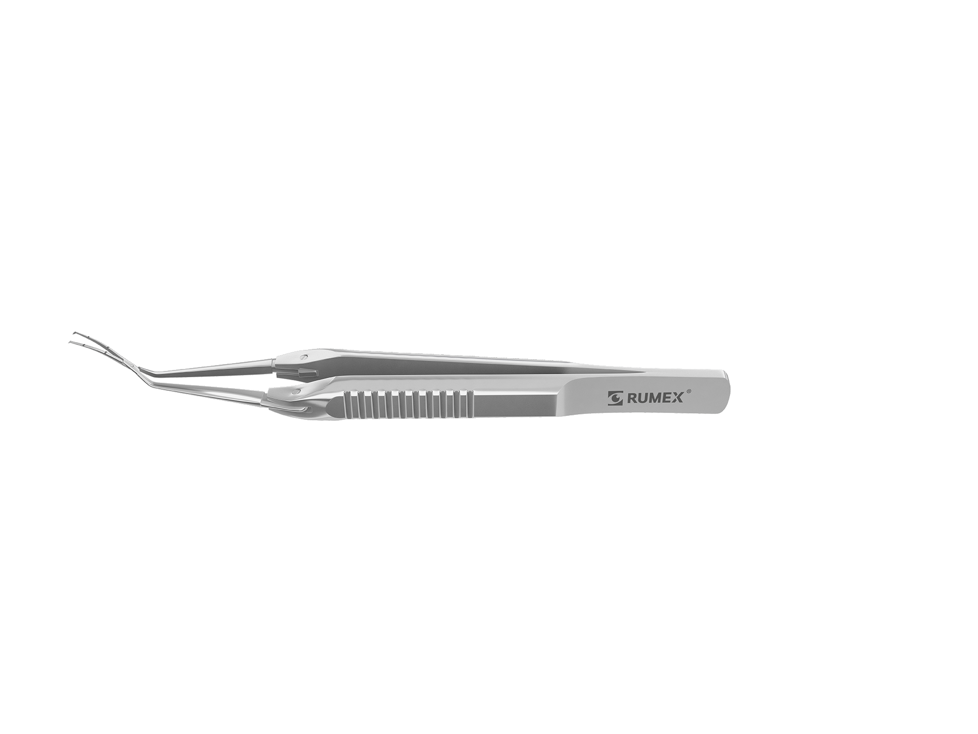 Close-up of curved stainless steel capsulorhexis forceps with scale for precise eye surgery