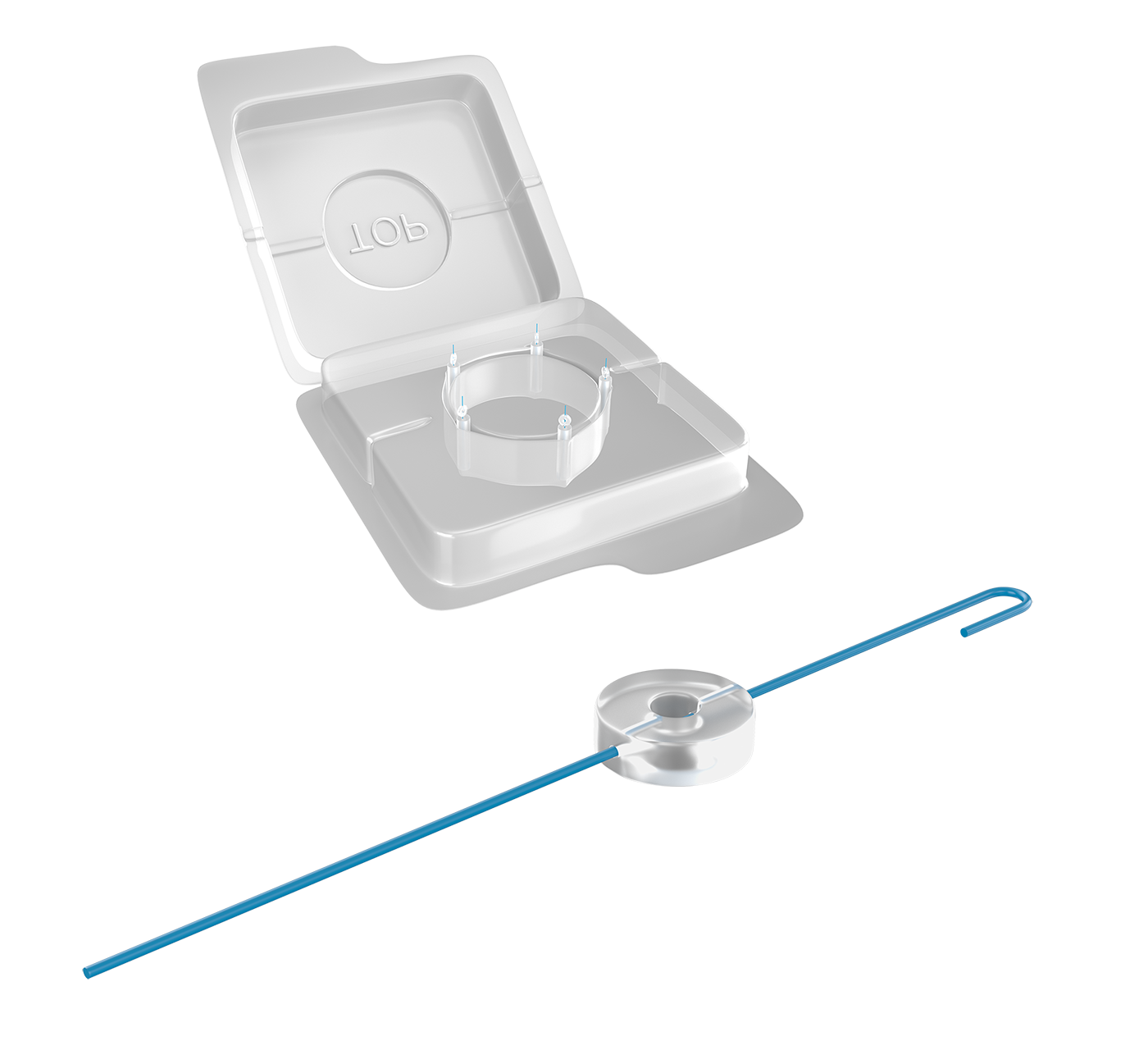 Disposable iris retractor in use during eye surgery, showing its ergonomic design and sterile packaging