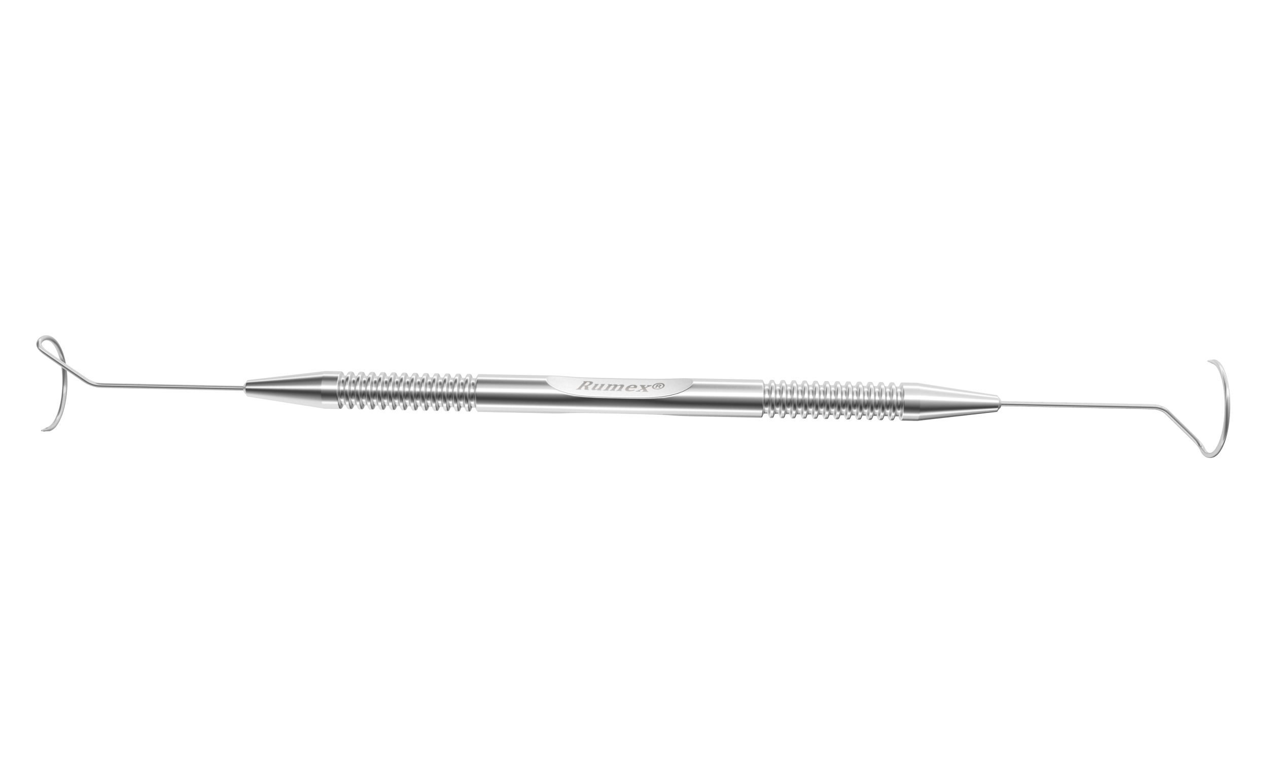 Close-up of the polished tip of the stainless steel lacrimal probe, showcasing its precision design.