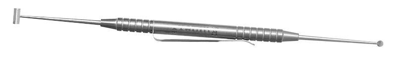 Close-up of Schocket double-ended depressor tip angles for precise ocular procedures