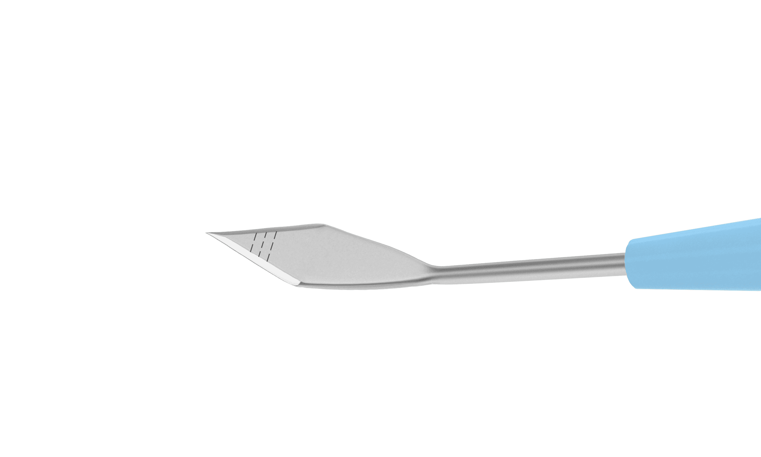 Angled view of the premium disposable corneal knife showcasing depth indicators for precision surgery.