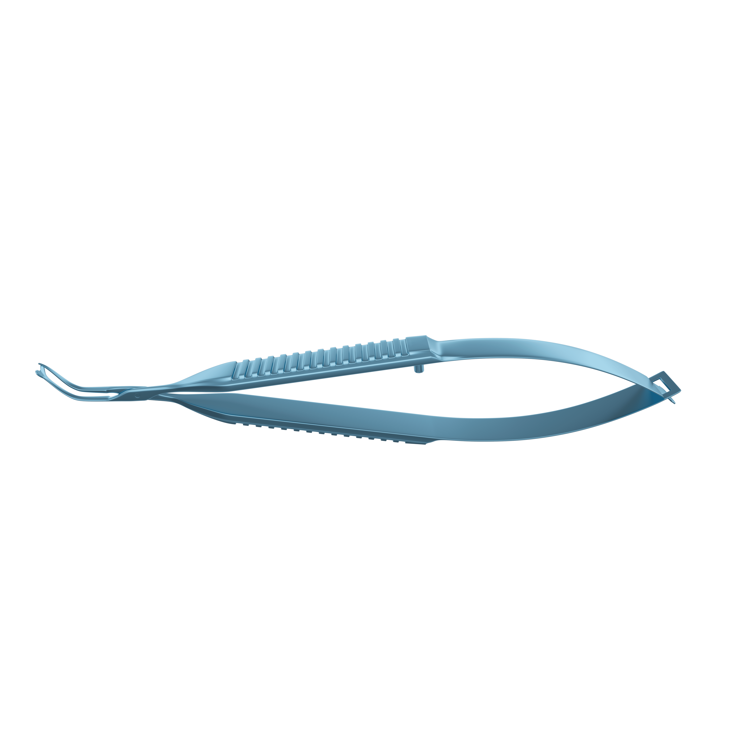 Close-up of titanium implantation forceps with flat handle, ideal for toric IOL procedures